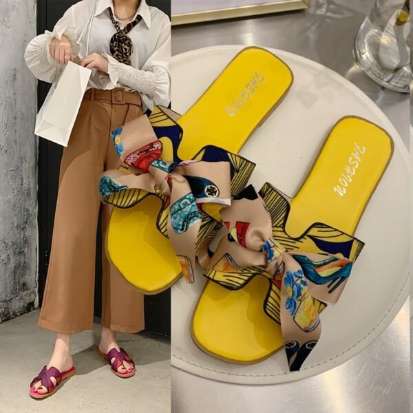 Colorful Ribbon Bow Flat Heel Slippers